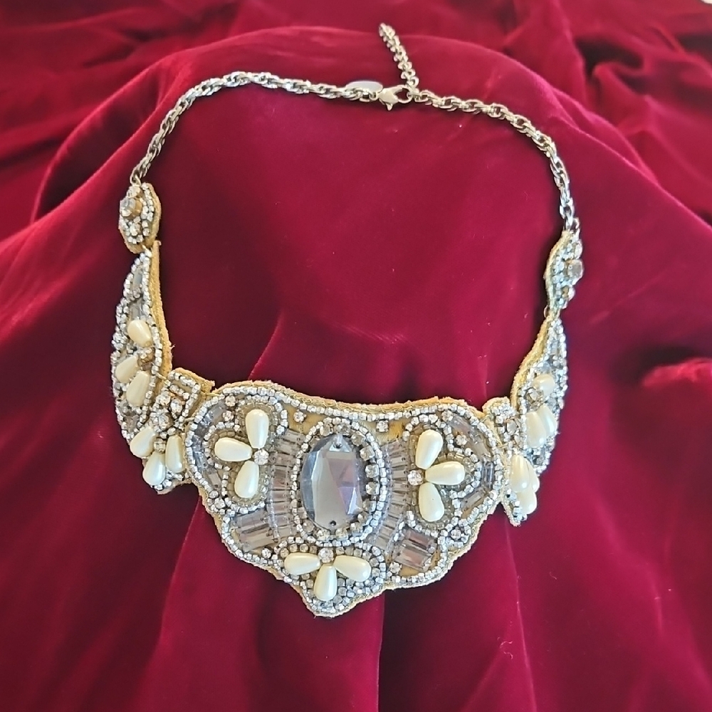 WHBM Elegant Cream and Silver Statement Choker Necklace